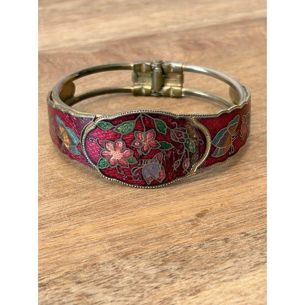 Vintage Red Cloisonne Enamel Butterfly Hinged Bangle Bracelet Floral Boho - Picture 2 of 11